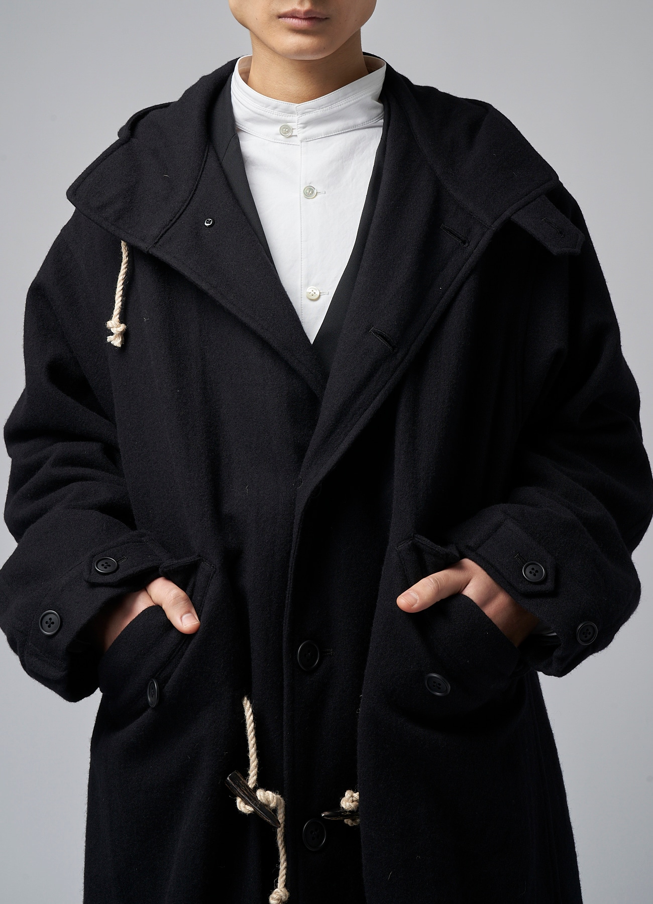 WOOL / NYLON FLANNEL MODS COAT WITH TOGGLE BUTTONS(XS BLACK): Y's