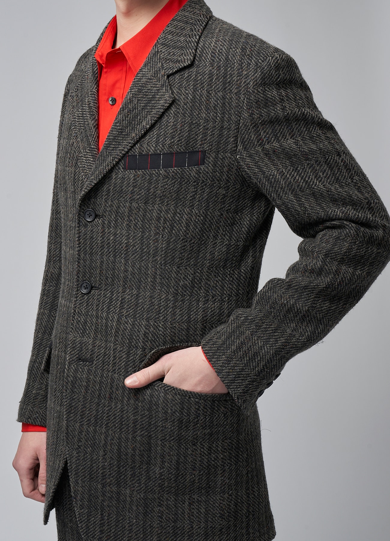 NEPPED HERRINGBONE JACKET WITH STRIPED POCKET DETAILS(S GREY 