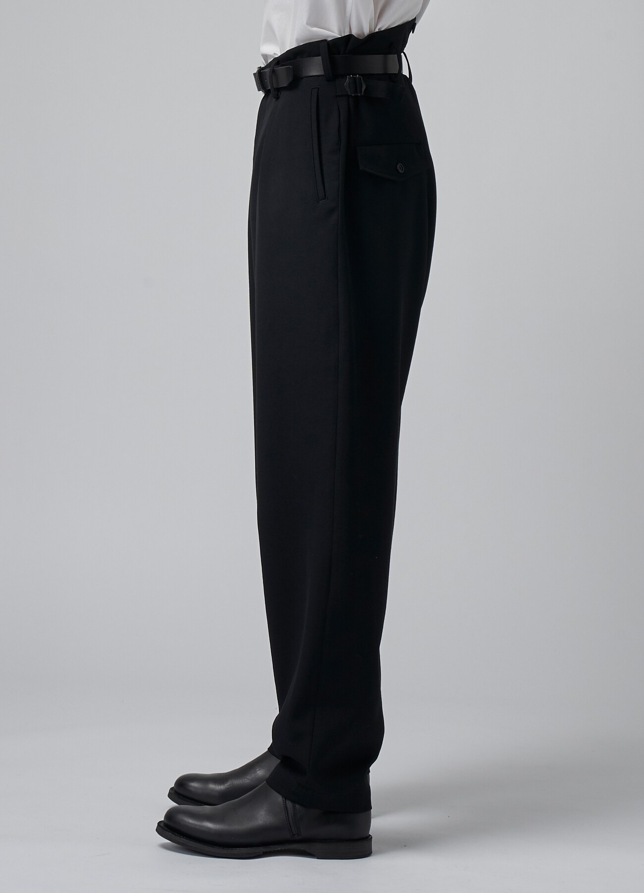 WOOL GABARDINE PANTS WITH SUSPENDER BUTTONS AND ADJUSTABLE SIDE TABS