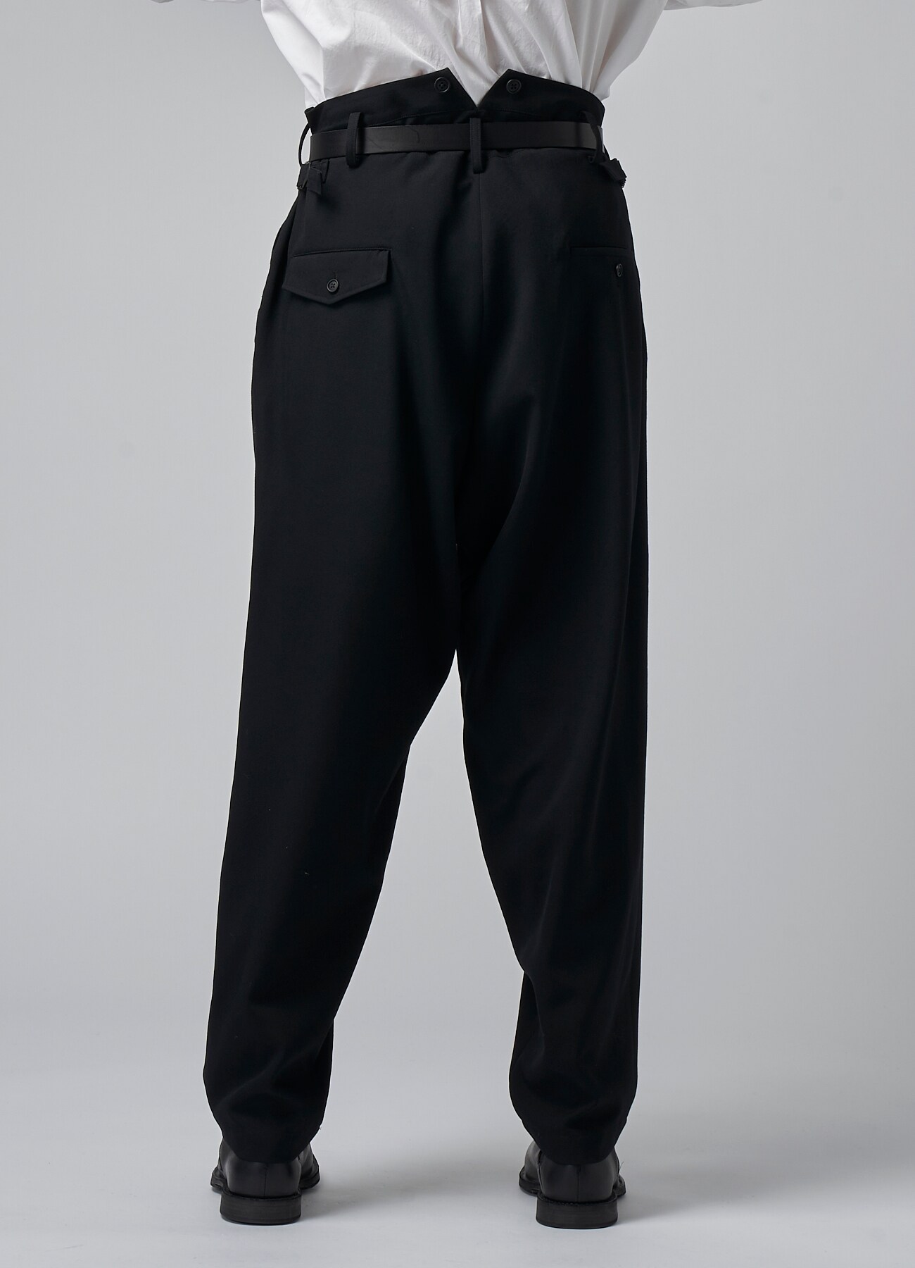 WOOL GABARDINE PANTS WITH SUSPENDER BUTTONS AND ADJUSTABLE SIDE