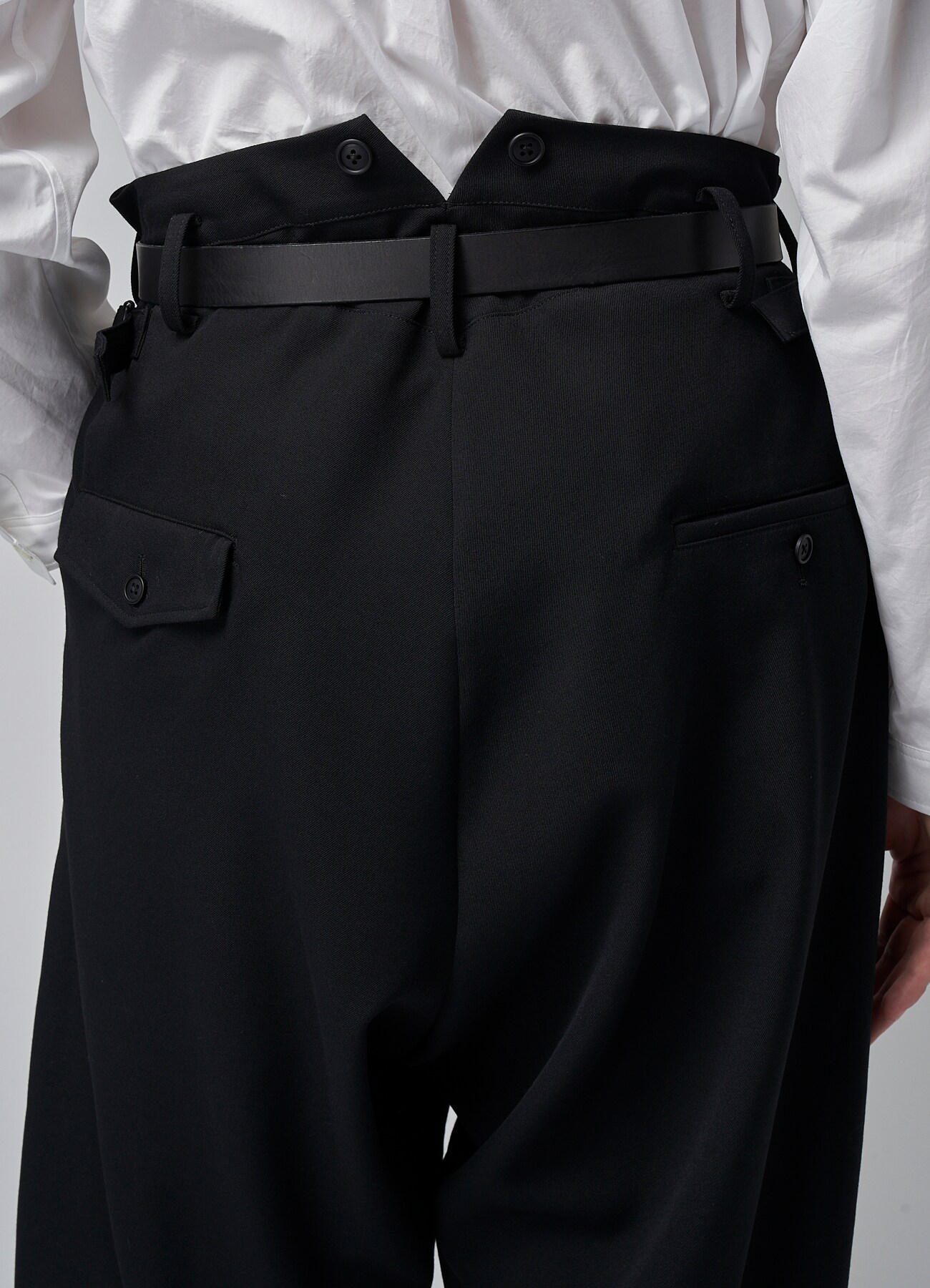 WOOL GABARDINE PANTS WITH SUSPENDER BUTTONS AND ADJUSTABLE SIDE TABS