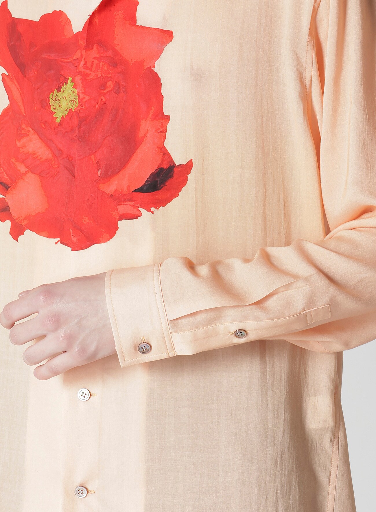 SALMON PINK OPEN-COLLARED SHIRT WITH LARGE RED FLOWER(S
