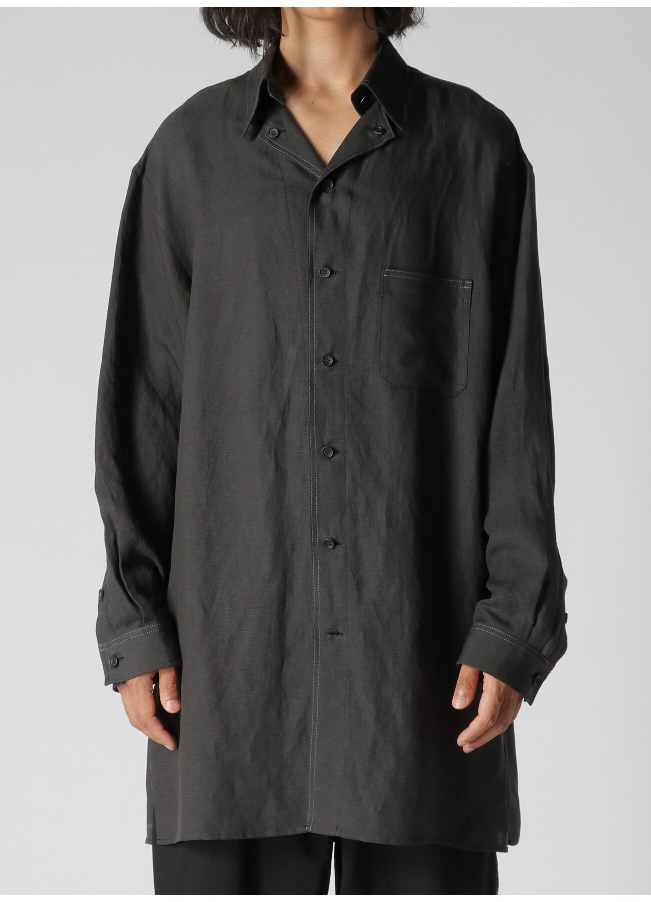 LYOCELL LINEN TWILL SHIRT WITH DESIGN COLLAR AND COLOR STITCH(S Black): Y's  for men｜WILDSIDE YOHJI YAMAMOTO（ワイルドサイド）【公式通販】