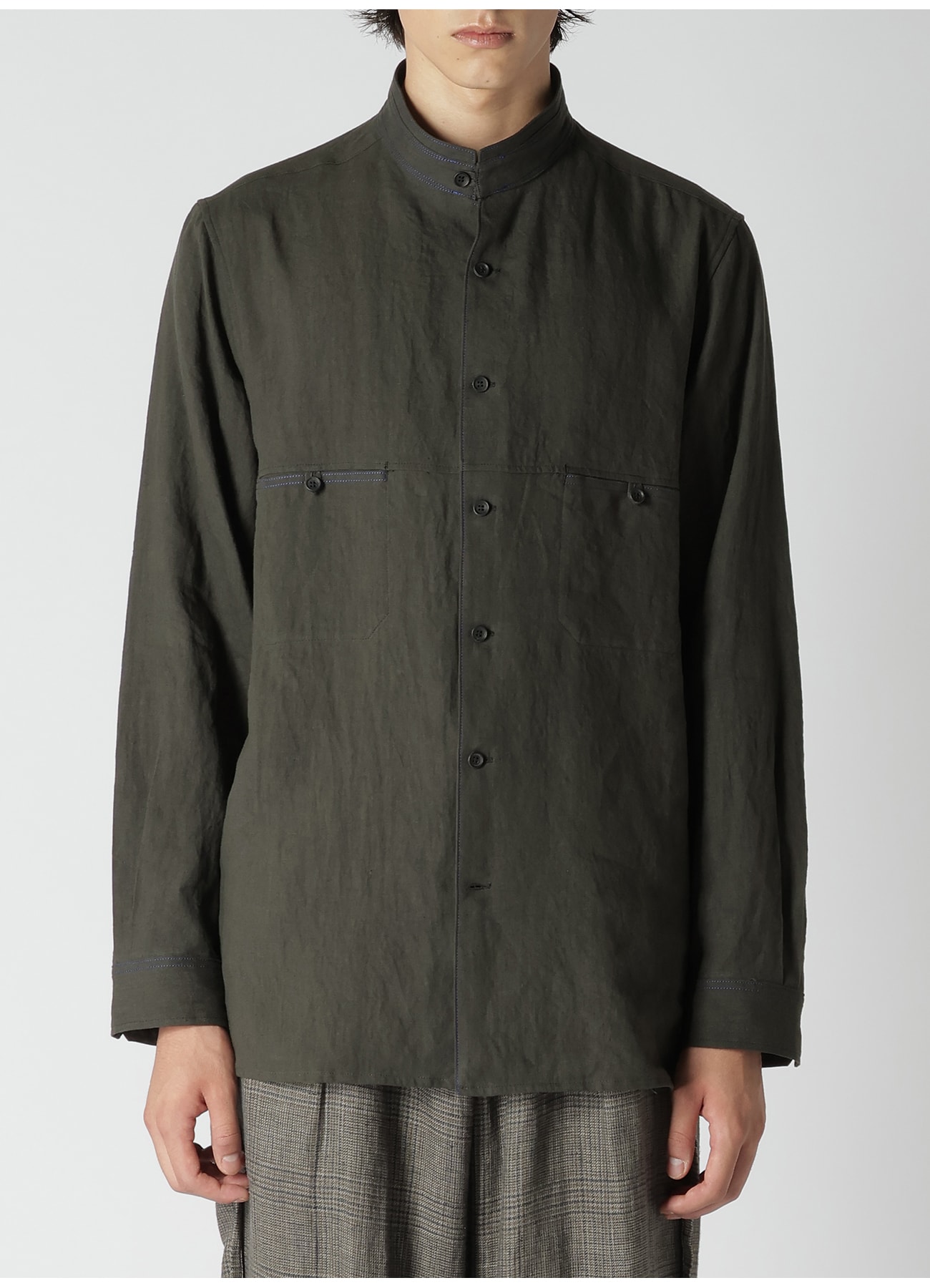 LINEN PAPER BROAD SHIRT WITH STAND COLLAR(S Black): Y's for men