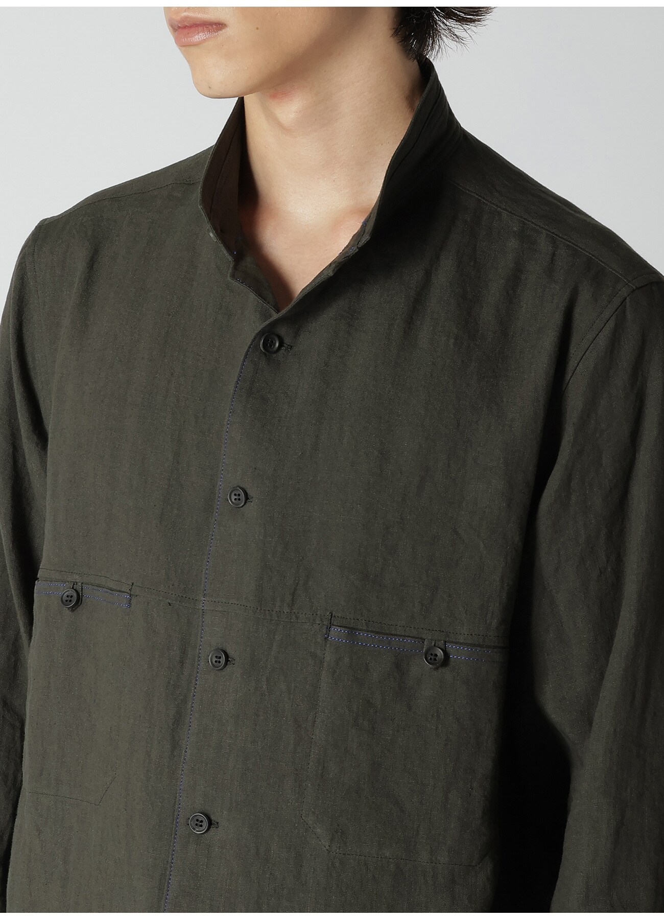 LINEN PAPER BROAD SHIRT WITH STAND COLLAR(S Black): Y's for men