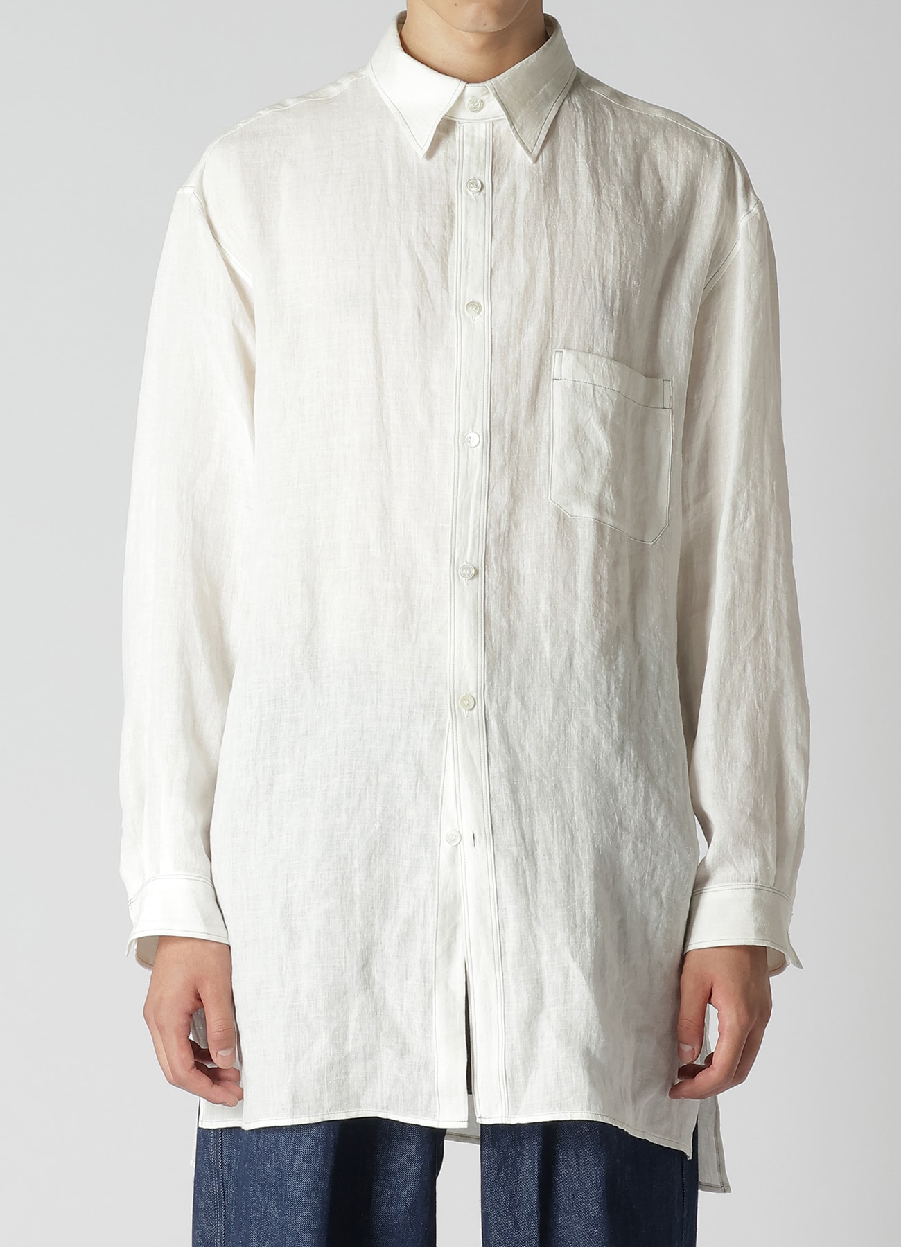 WHITE 60 LINEN LAWN SHIRT WITH ASYMMETRY COLLAR AND COLLOR COMBI DOUBLE  STITCH
