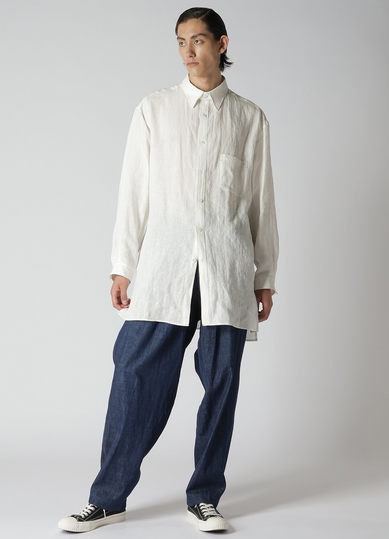 WHITE 60 LINEN LAWN SHIRT WITH ASYMMETRY COLLAR AND COLLOR COMBI DOUBLE  STITCH