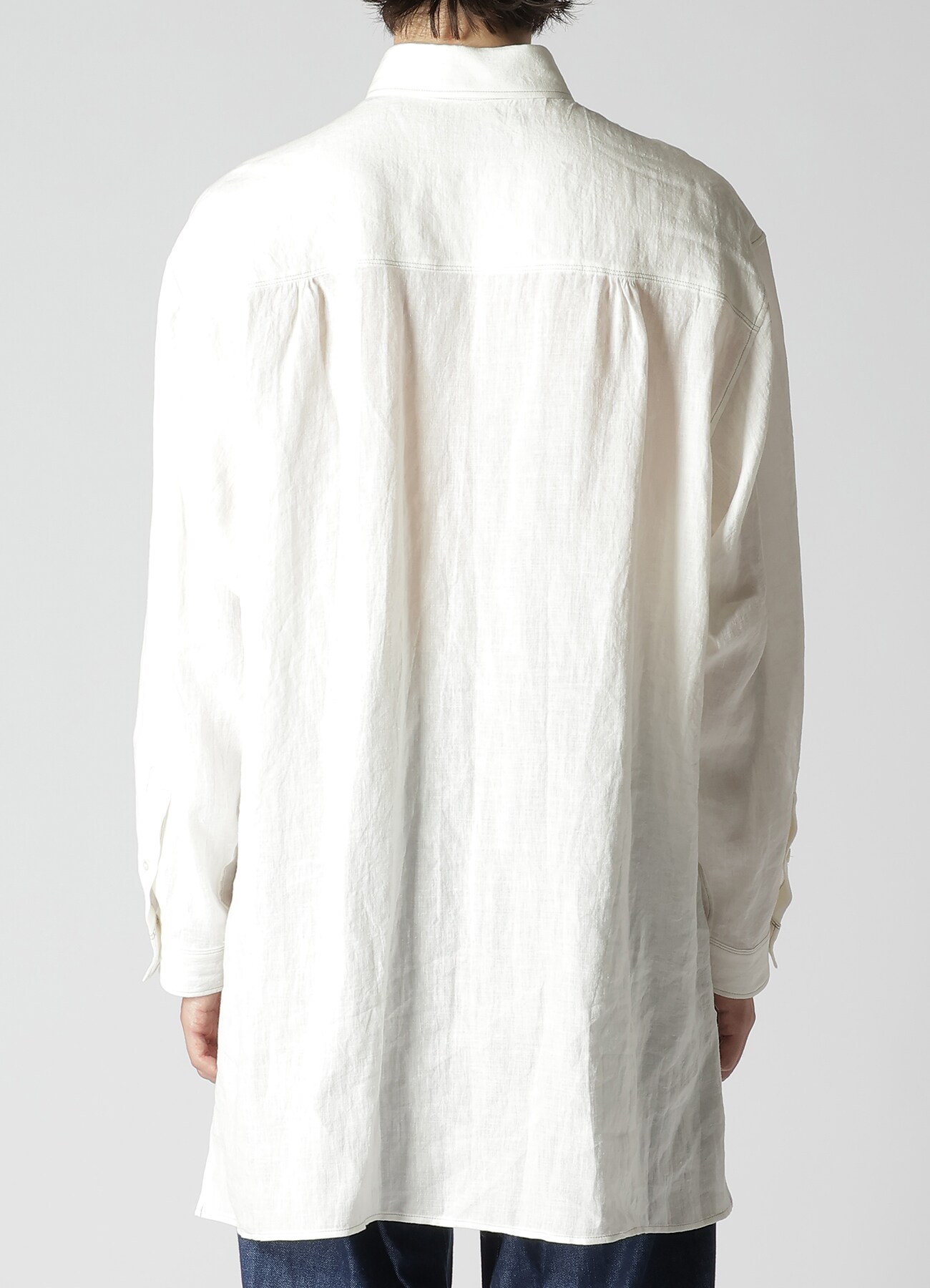 WHITE 60 LINEN LAWN SHIRT WITH ASYMMETRY COLLAR AND COLLOR COMBI DOUBLE  STITCH