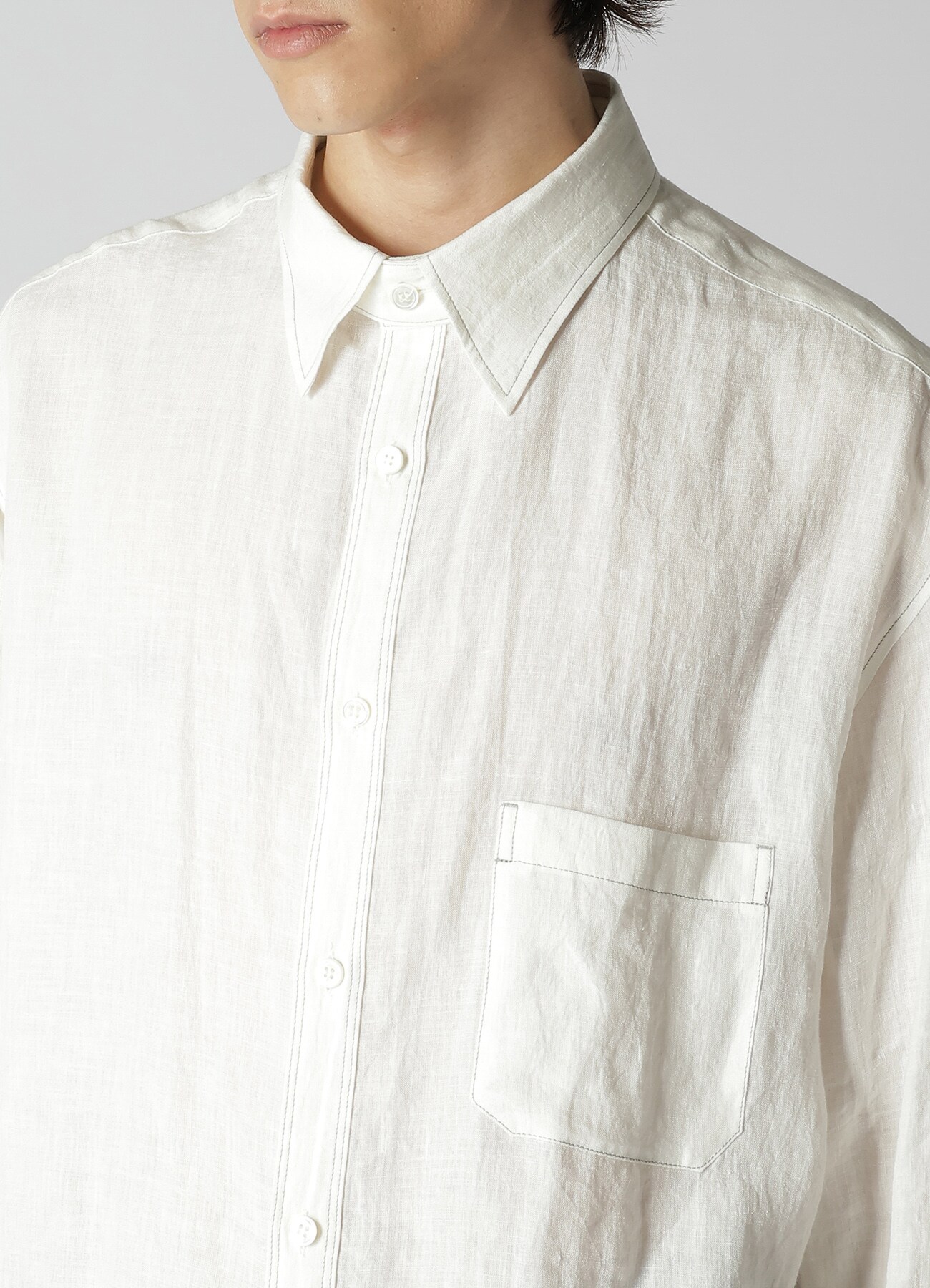 WHITE 60 LINEN LAWN SHIRT WITH ASYMMETRY COLLAR AND COLLOR COMBI DOUBLE  STITCH