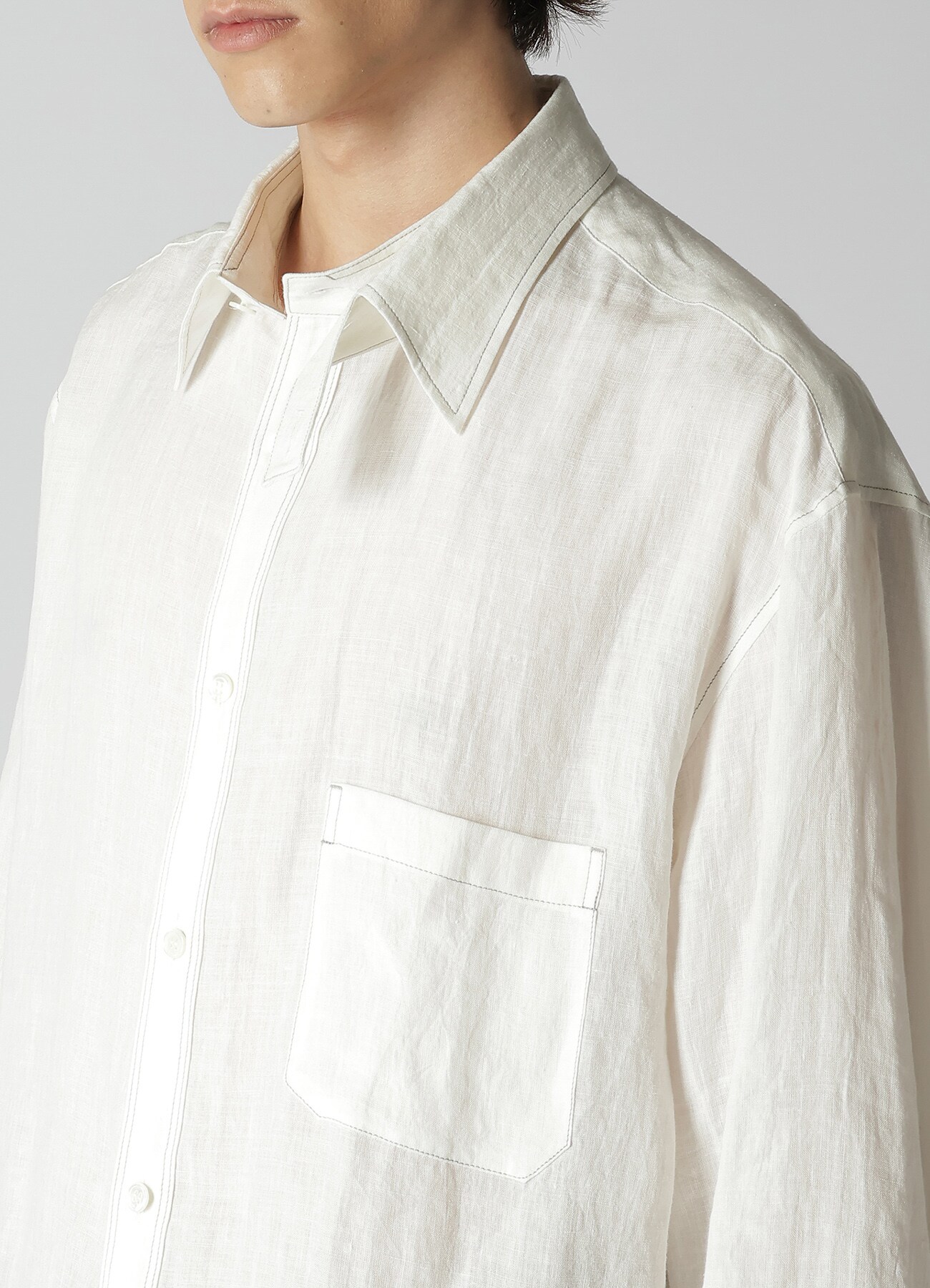 WHITE 60 LINEN LAWN SHIRT WITH ASYMMETRY COLLAR AND COLLOR COMBI DOUBLE  STITCH