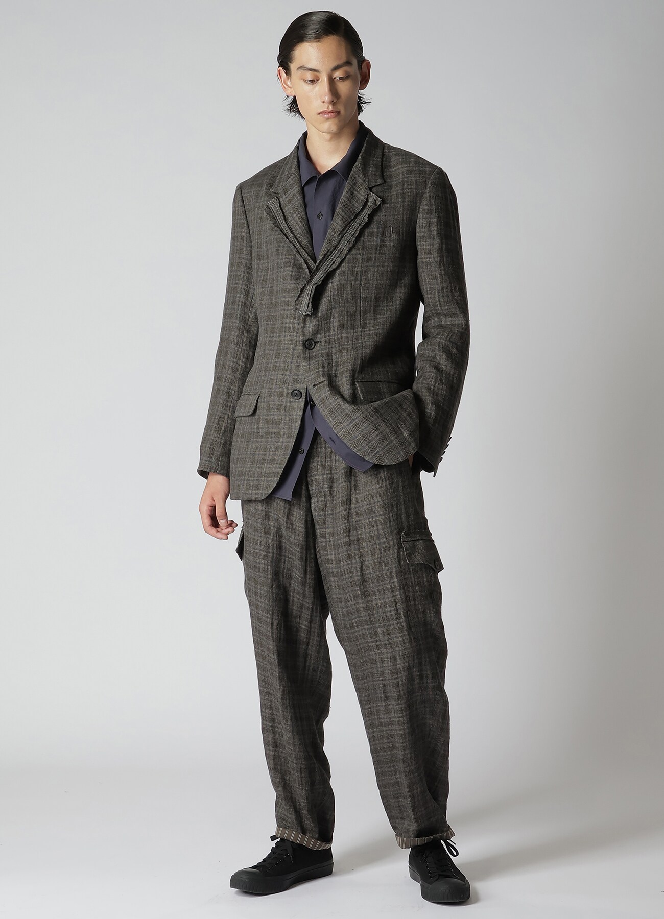 LINEN CROSS PLAID 3-BUTTONS JACKET WITH DECORATIVE CLOTH