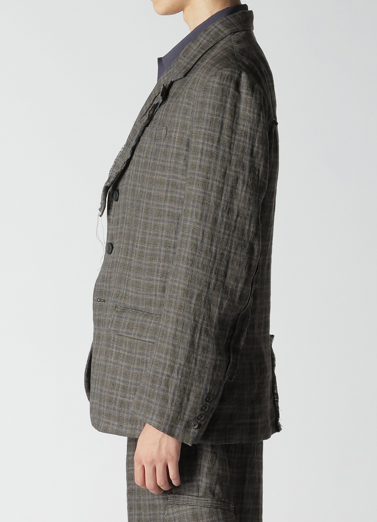 LINEN CROSS PLAID 3-BUTTONS JACKET WITH DECORATIVE CLOTH