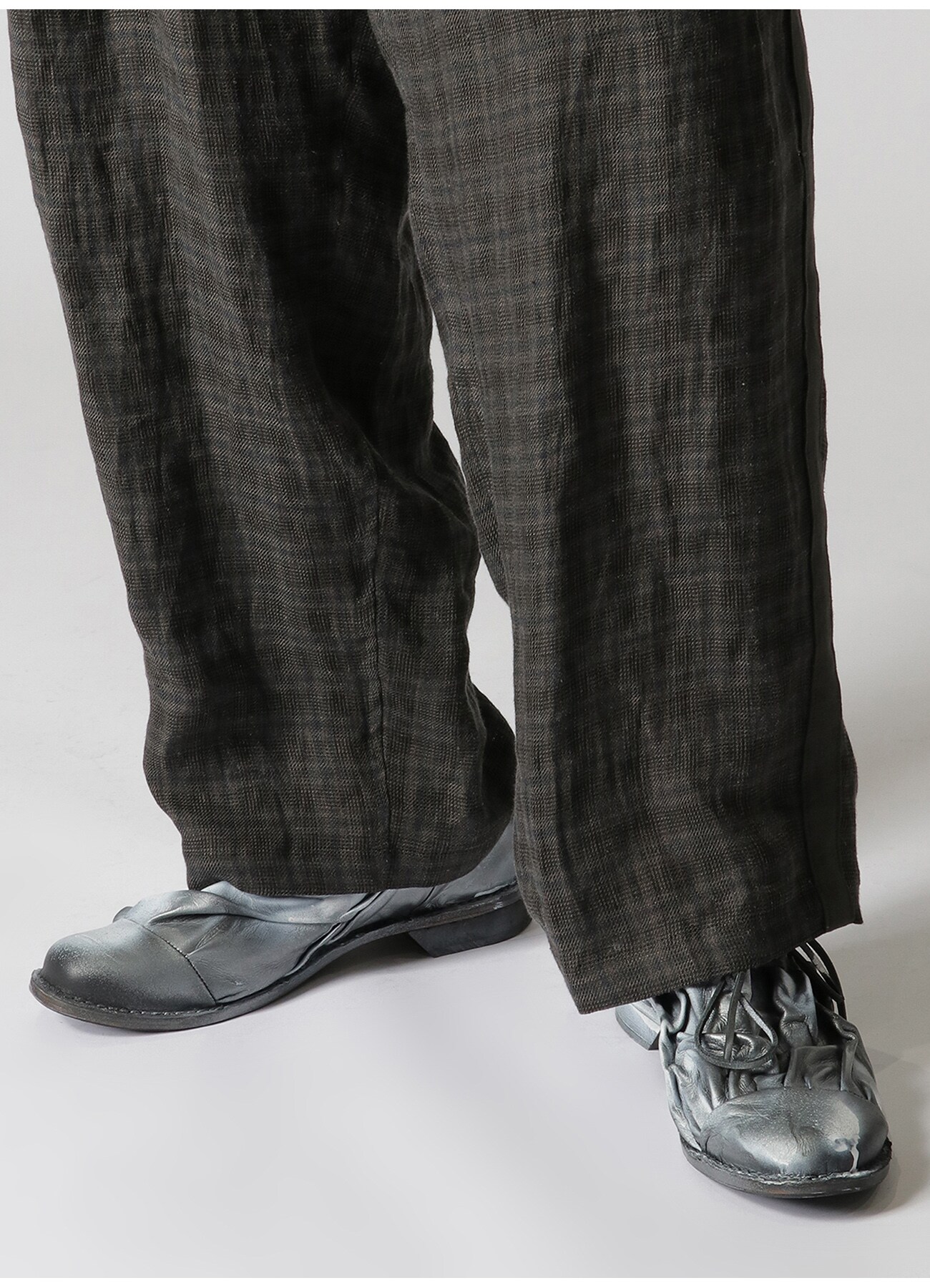 LINEN TWILL PLAID PANTS WITH SIDE TAPE(S Black): Y's for men