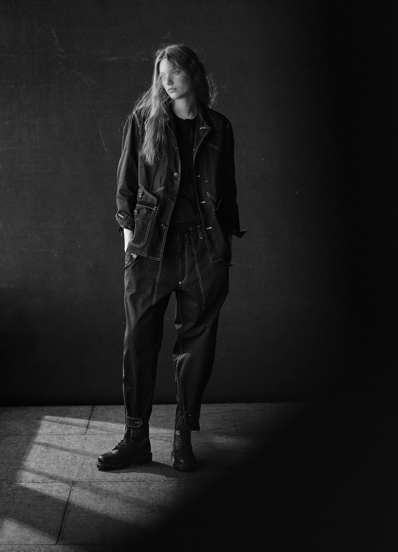 Cotton Chino White Stitch Draw String Pants(S BLACK): YOHJI